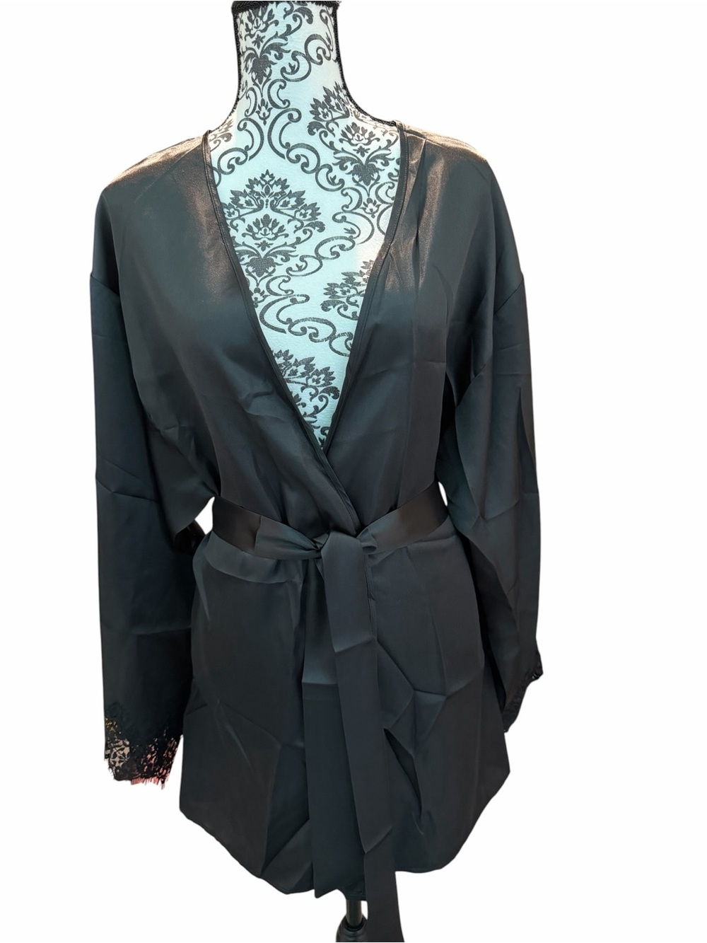 Black Satin Lace-Trim Robe - Picture 3 of 5